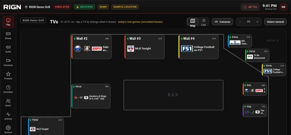 The RIGN AV TV map: TVs laid out around the bar, each showing what it is tuned to